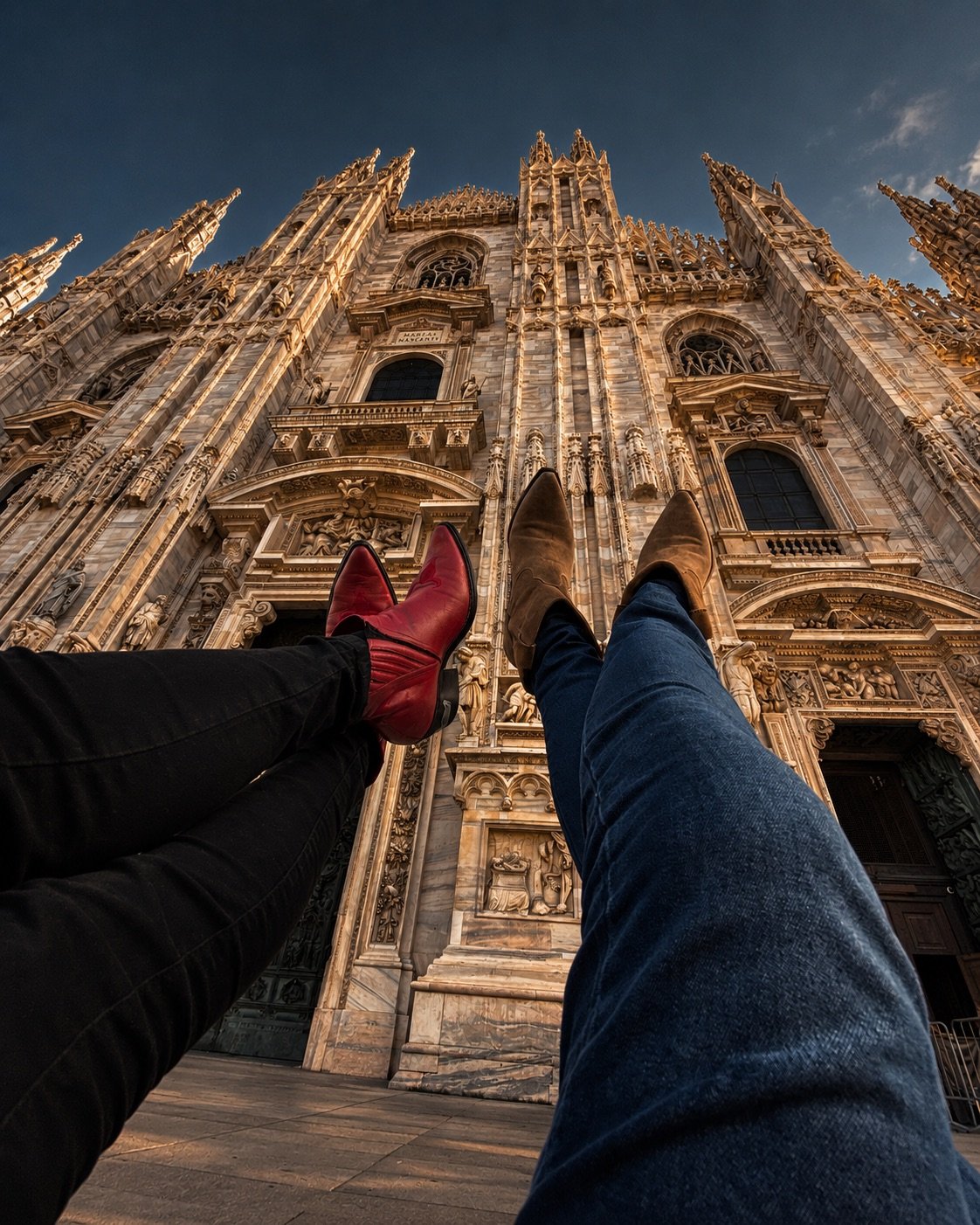 As botas da dupla em primeiro plano diante do Duomo de Milão