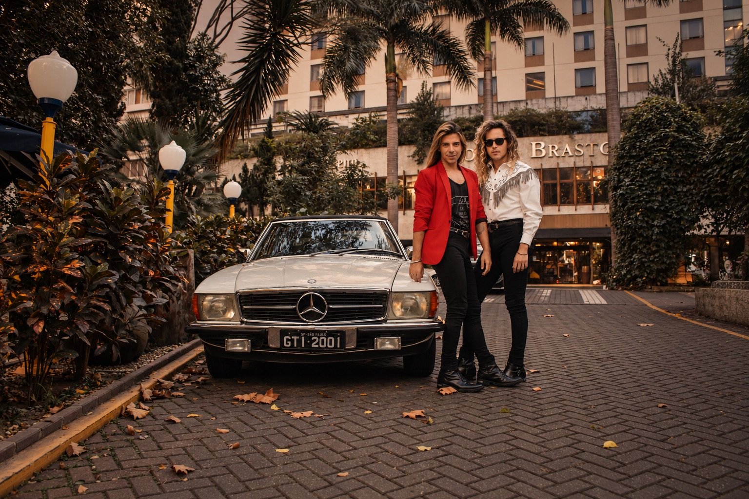 Vini e Zeca de blazer vermelho e camisa western diante de uma Mercedes clássica
